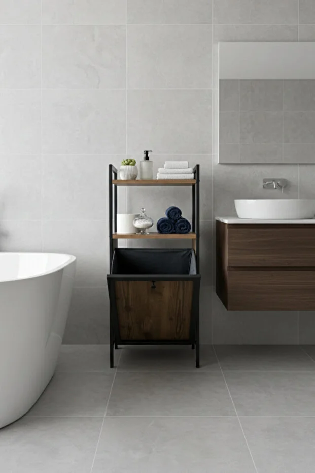 Milonsa Metal Ahşap Banyo Düzenleyici Çamaşır Sepeti - Kirli Sepeti Ahşap Banyo Dolabı - 2 Katlı Banyo Rafı